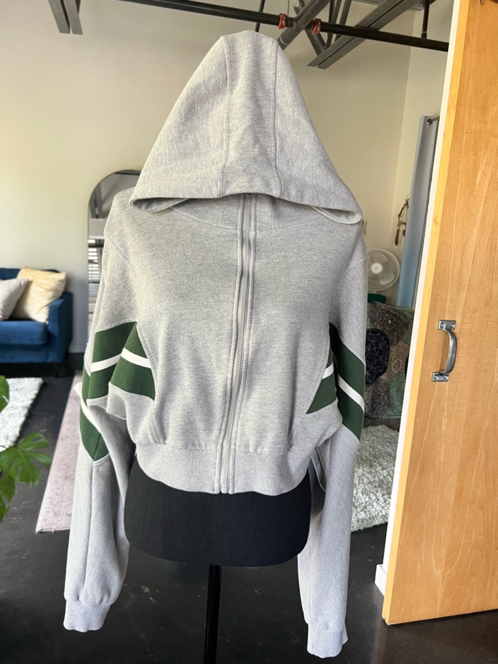 FASHION NOVA Cropped Batwing Grey Zip Hoodie with Green Stripe Accents size XL